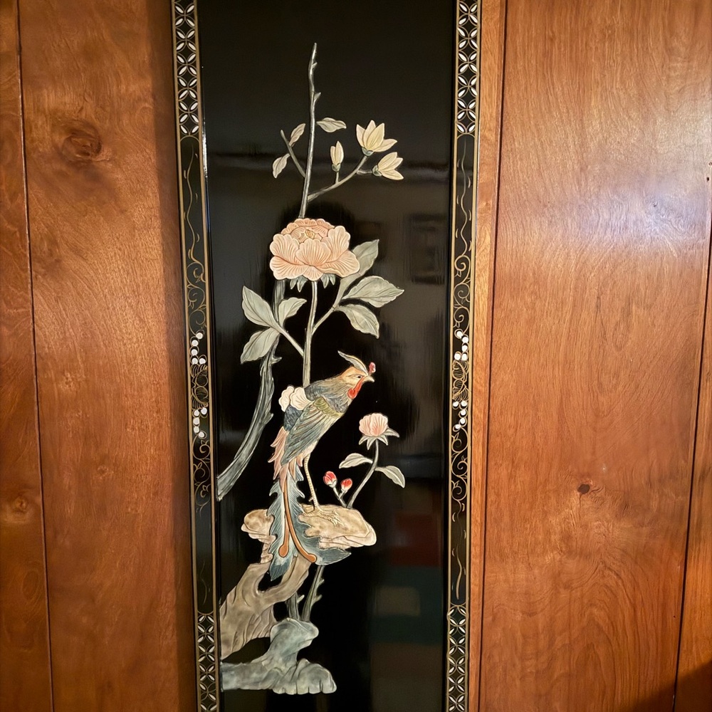 Black Lacquer Floral & Bird Wall Panel with Cream and Pastel Accents
